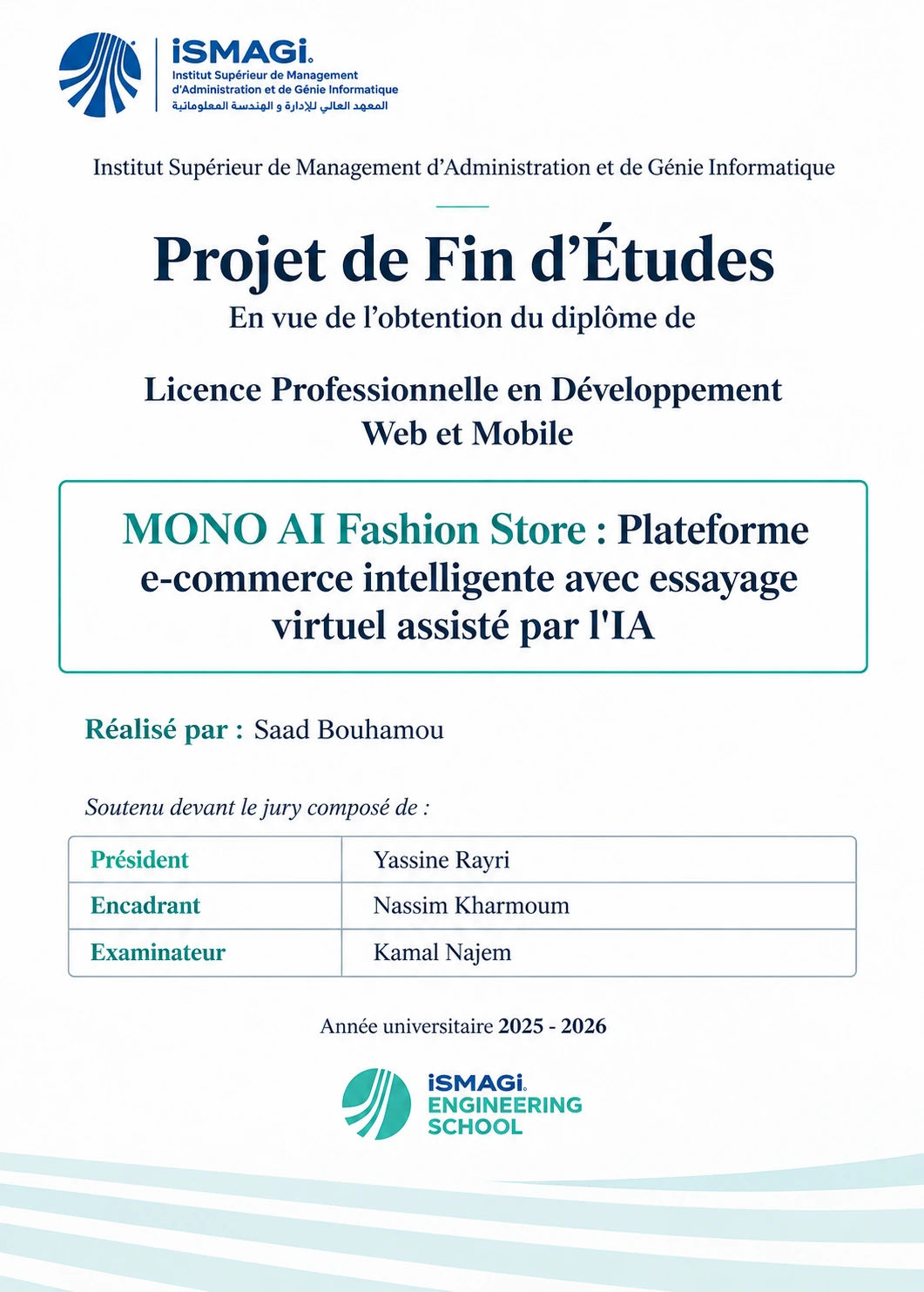 Cover page of the MONO project report — ISMAGI, Licence Professionnelle en Développement Web et Mobile, “MONO AI Fashion Store”, by Saad Bouhamou