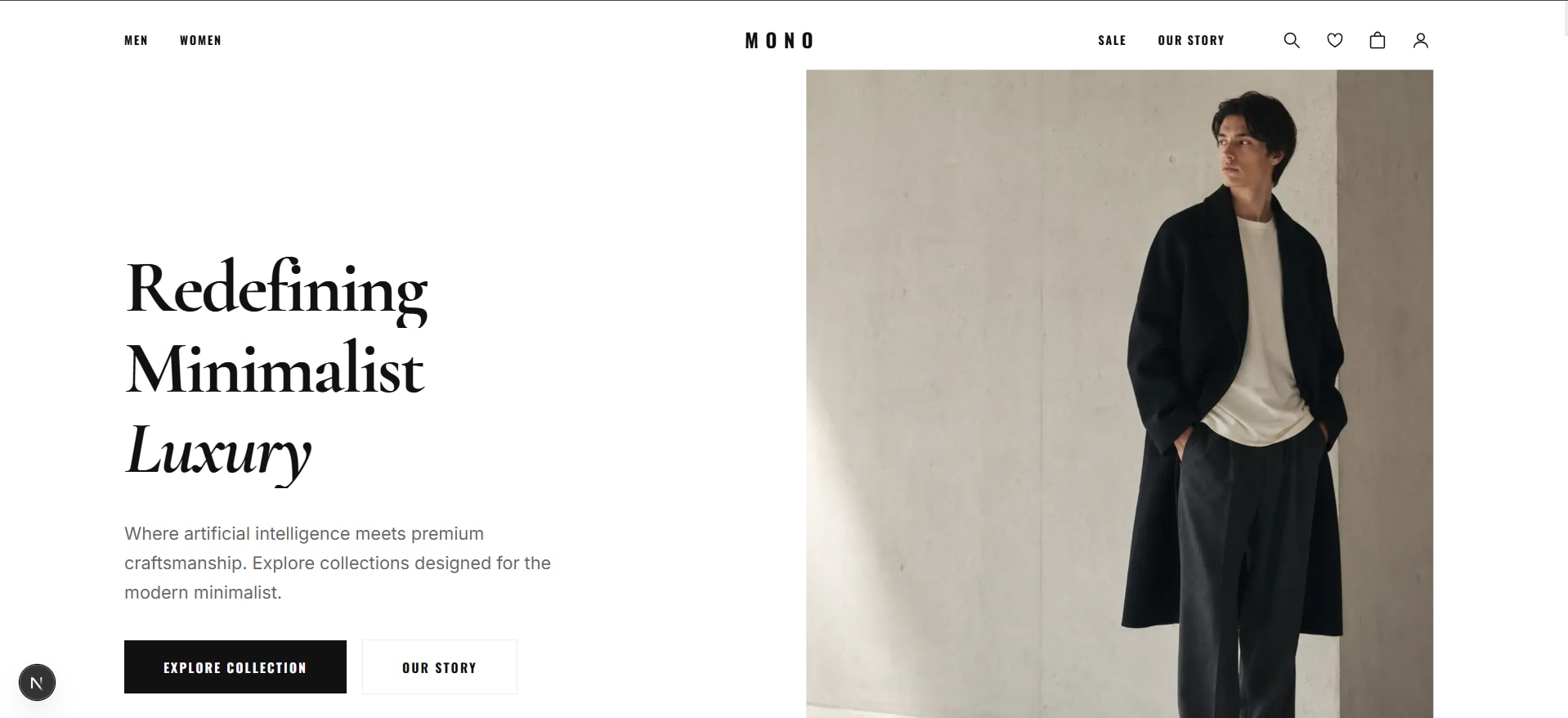 MONO storefront homepage — oversized serif display on a cream canvas, a full-height lookbook hero and direct collection entry points