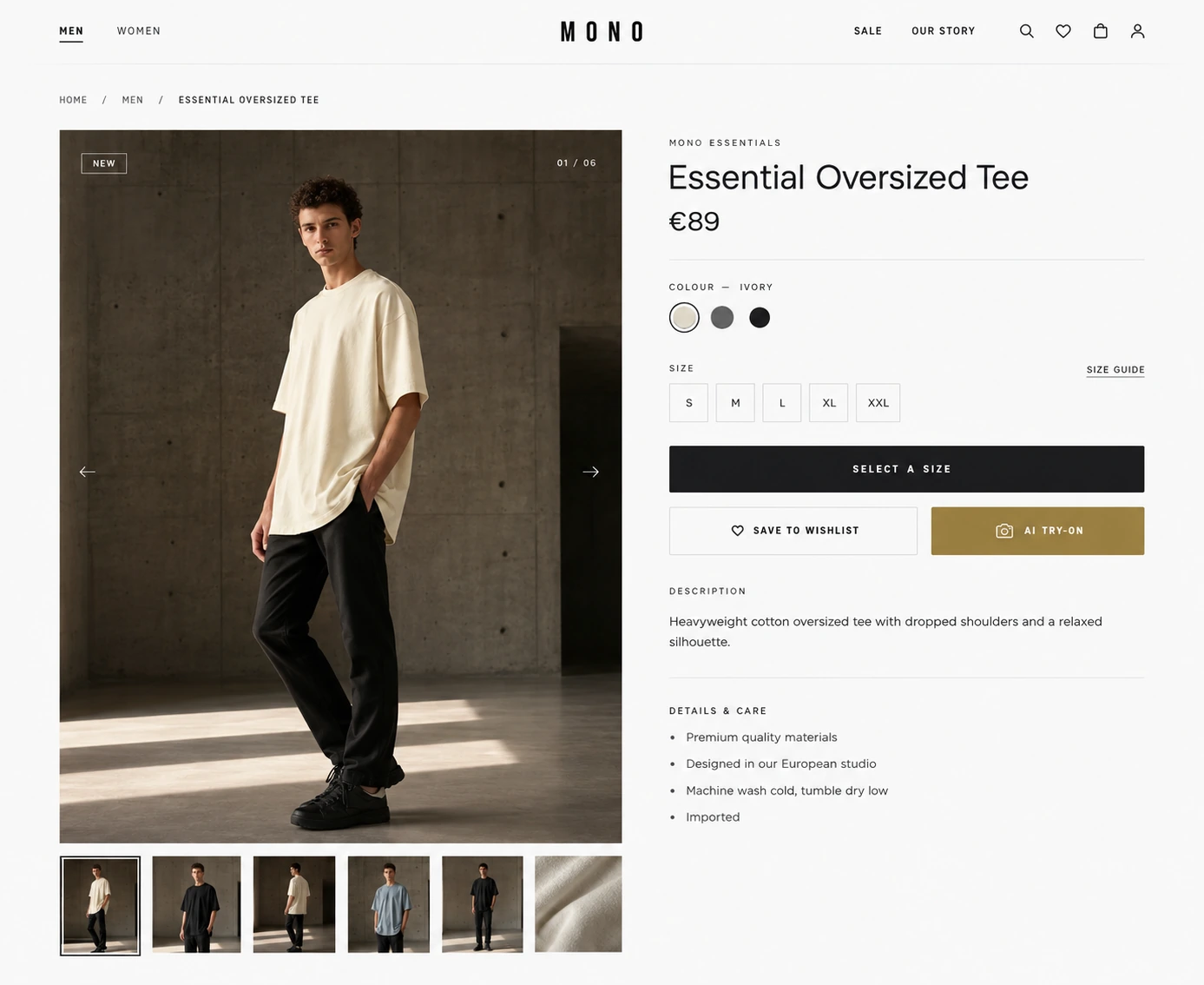 MONO product page — “Essential Oversized Tee” at €89 with colour swatches, a size row and the AI TRY-ON button