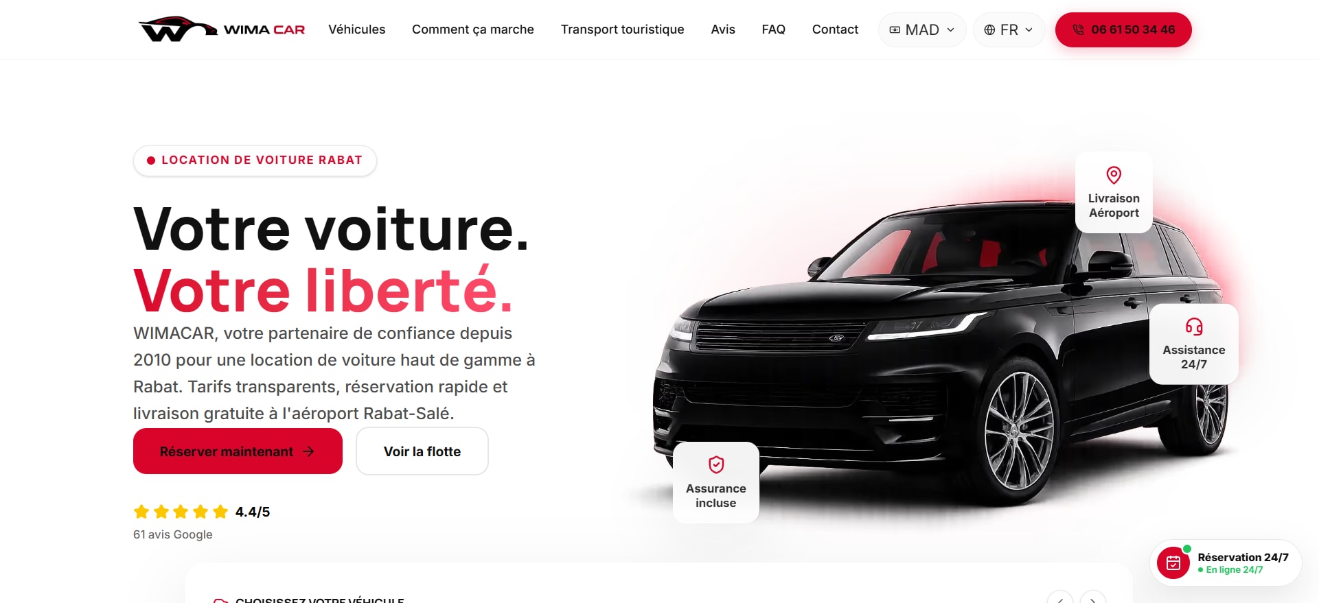 WIMA CAR homepage — “Location de voitures à Rabat” hero with language switcher, reservation call to action and the fleet entry points